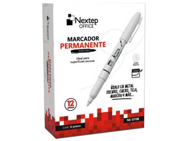 Marcador Permanente Nextep Punta Fina 2mm, Color Blanco, Caja con 12 Piezas.