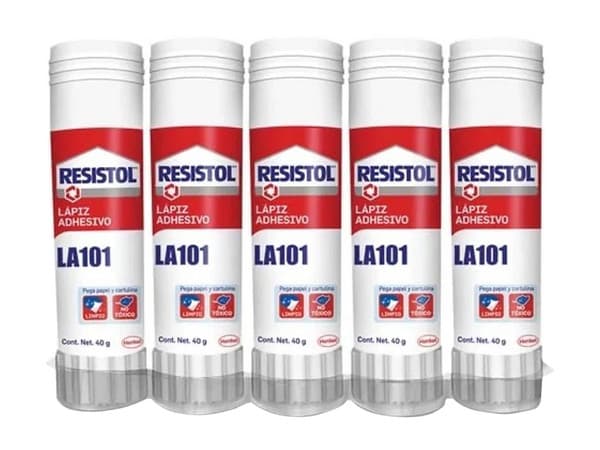 Lápiz adhesivo Resistol LA, 40 g, paquete con 5 piezas.