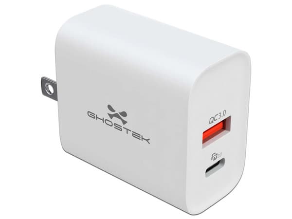 Cargador AC Ghostek USB-C PD USB-A 30W Universal Blanco Doble.