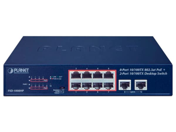 Switch Planet FSD1008HP, No Administrable, de 8 puertos RJ-45 Gigabit LAN 10/100Mbps, 2 puertos Uplink.