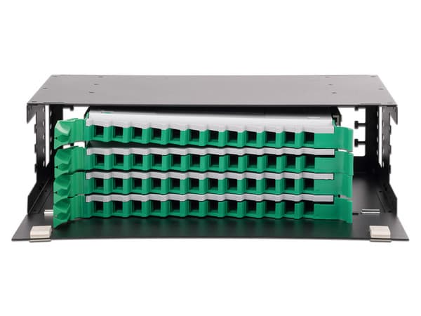 Distribuidor de Fibra Óptica LinkedPro deslizable, con 48 adaptadores LC Duplex/LC Simplex o 48 SC Simplex, 3U, Color Negro.