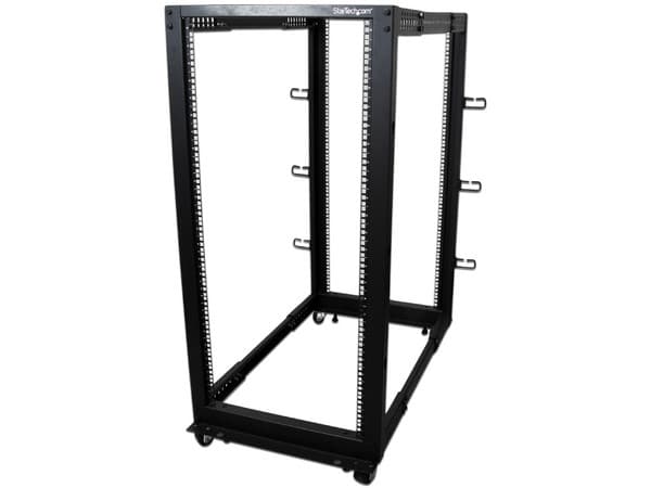 Rack de marco abierto con profundidad ajustable de 4 Columnas 25U con ruedas / niveladores y anillas de gestión de cableado.
