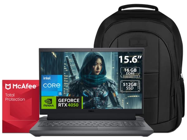 Laptop Gamer DELL G15 5530:Procesador Intel Core i5 13450HX  (hasta 4.6 Ghz),Memoria de 16GB DDR5,SSD de 512GB,Pantalla de 15.6" LED (1920x1080),Video GeForce RTX 4050 de 6GB GDDR6,S.O. Windows 11 Home (64 Bits). Incluye Antivirus y Mochila