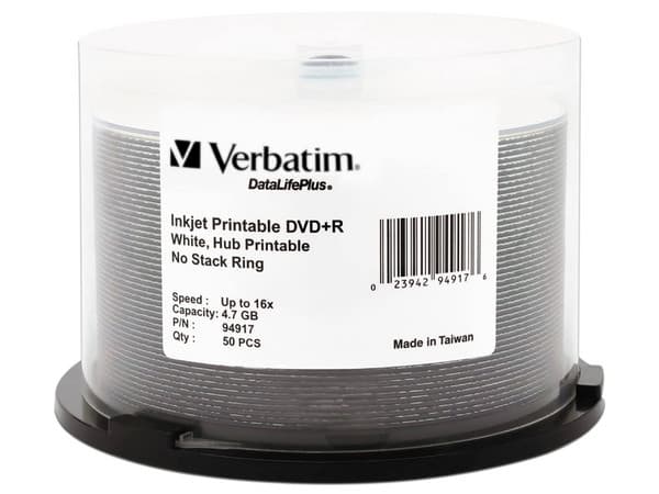Paquete de DVD+R Verbatim de 4.7GB, Imprimible con Inyección, 50 Piezas.