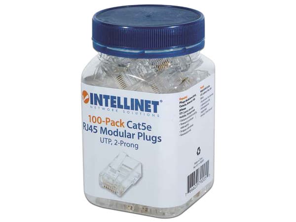 Plugs RJ-45 Intellinet, Cat 5e, UTP, Terminal de 2 puntas para cable multifilar, bote con 100 piezas.