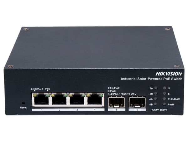 Switch Industrial Hikvision DS-3T1506HP-EI-UPS, 3 Puertos PoE+ 10/100/1000 Mbps, 2 Puertos SFP de 10/100/1000 Mbps, 1 Puertos Gigabit PoE++, Modo Extendido hasta 300m.
