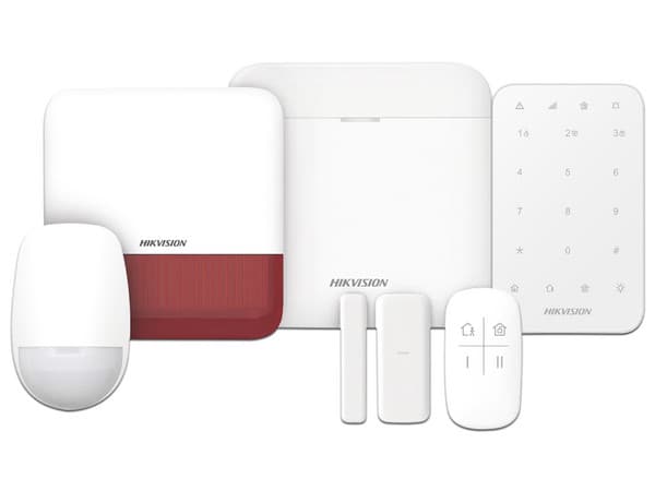 KIT de Alarma Hikvision AX PRO, Incluye 1 Hub, 2 Sensores PIR, 3 Contactos Magnéticos mini, 1 Control Remoto, 1 Sirena Estrobo en color Rojo inalámbrica Exterior, 1 Teclado Inalámbrico, WiFi, Compatible con Hik-Connect P2P