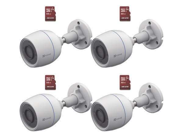 Kit de Cámaras EZVIZ CSH3C/KM4, Incluye 4 Cámaras EZVIZ CS-H3C de 2MP y 4 Memorias MicroSD Hiksemi de 32GB.