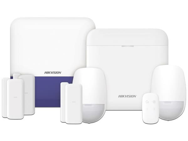 Kit de Alarma HIKVISION DS-PWA48-KSV2 AX PRO con GSM (3G/4G). Incluye: 1 HUB, 2 Sensores PIR, 3 Contactos Magnéticos mini, 1 Control Remoto, 1 Sirena Inalámbrica Exterior Wi-Fi, Compatible con Hik-Connect P2P