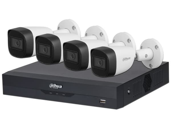 Kit de Videovigilancia Dahua KITXVR5104HS con 1 DVR de 4 canales, 4 Cámaras Dahua HFW1500CM-A, 4 rollos de cable siamés, 1 fuente de poder. (No Incluye Disco Duro).