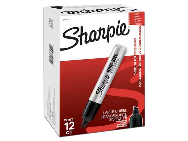 Marcadores Sharpie King Size, Tinta Permanente, Punta Cincel, Color Negro, Caja con 12 Piezas.