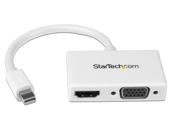 Adaptador Mini DP de audio/vídeo para viajes, conversor Mini DisplayPort a HDMI o VGA, Color Blanco.