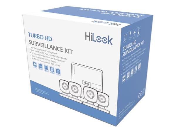 Kit de Videovigilancia HiLook KIT7204BM(C), Incluye 4 Cámaras tipo Bala de 1MP (1280 x 720), IR hasta 20m, DVR de 4 Canales 720p, Fuente de Poder y 4 Cables siamés para Video y Alimentación.