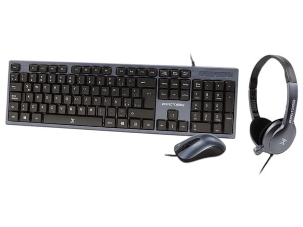 Teclado, Mouse y Audífonos Perfect Choice Combo para Oficina PC-201700 , USB, 3.5mm. Color Gris. (Teclado Versión en Español).