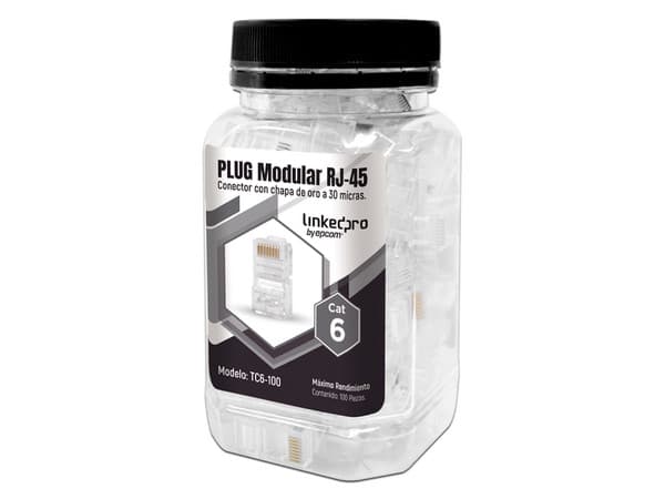 Plugs RJ-45 LinkedPro TC6-100, Cat 6, chapado de oro a 30 micras, bote con 100 piezas.