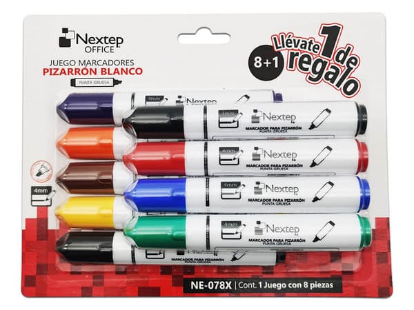 Juego de marcadores Nextep para pizarrón blanco con 8 colores. Punta gruesa tipo cincel de 4 mm.