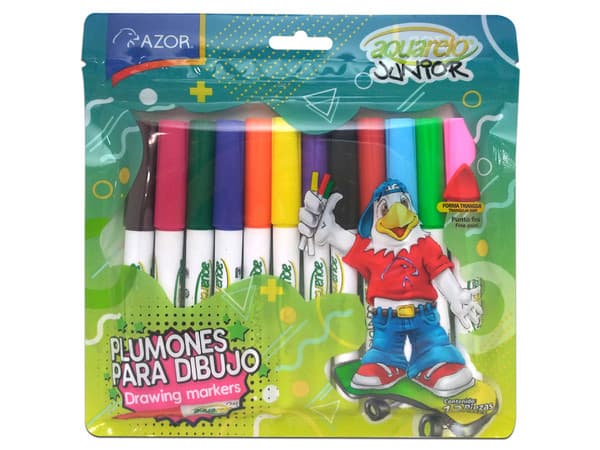 Marcadores Azor Aquarelo Junior, Punto Fino, Tinta Base Agua, 12 piezas. Colores Surtidos.