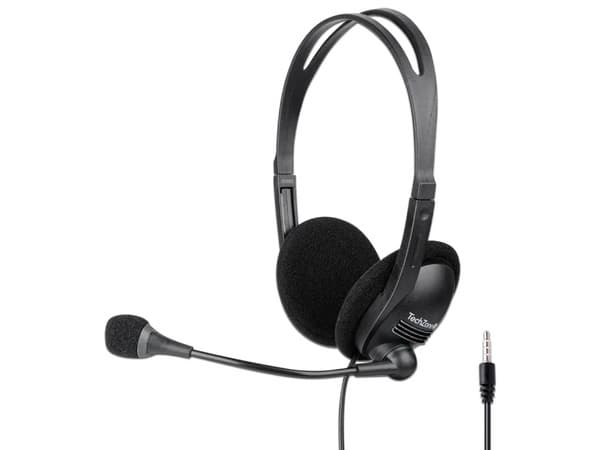 Diadema TechZone con micrófono, conector 3.5mm, ideal para llamadas y videoconferencias.