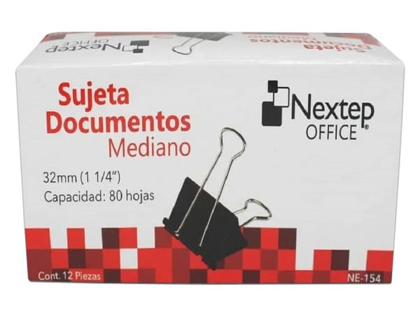 Sujeta Documentos Mediano de 32 mm (1 1/4") con 12 piezas por caja. Paquete con 10 cajas.