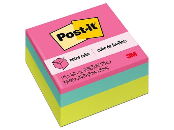 Notas Adhesivas 3M Post-It Cubo Neón 2027-BRT 3x3, 400 hojas, colores neón vibrantes, adhesivo reposicionable ideal para notas rápidas y organización.