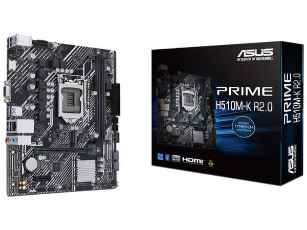 T. Madre ASUS PRIME H510M-K R2.0, Chipset Intel H510,Soporta: Core de 11va y 10ma generación, Socket 1200,Memoria: DDR4 3200(OC) / 2666 / 2133 MHz , 64GB Max,Integrado: AudioHD, Red, USB 3.0 y SATA 3.0, M.2,Micro-ATX, Ptos: 1xPCIEx16, 1xPCIEx1.