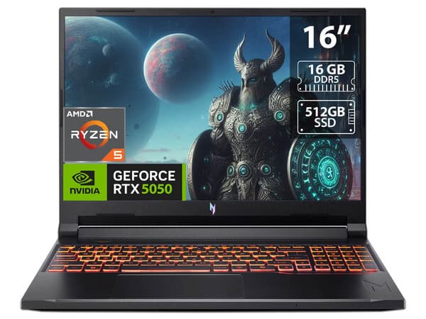 Laptop Gamer Acer Nitro V16: CPU AMD Ryzen 5 240 (hasta 5.0 GHz), Memoria de 16GB DDR5, SSD de 512GB, Pantalla de 16" LED WUXGA (1920 x 1200), 180Hz, Video NVIDIA GeForce RTX 5050 8GB, S.O. Windows 11 Home, Teclado Retroiluminado en Inglés.