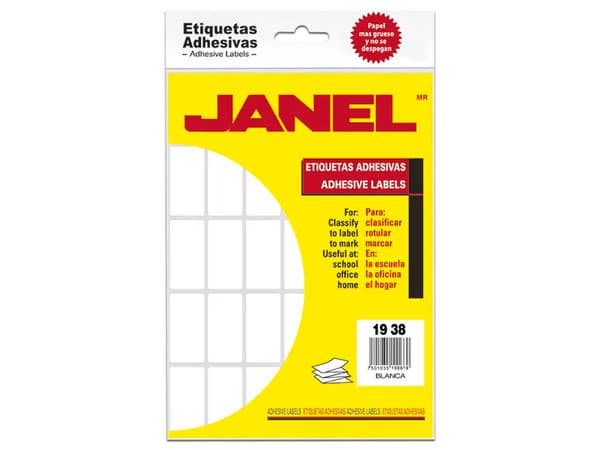 Paquete de Etiquetas Adhesivas Janel Clásicas de 19 x 38 mm, 630 etiquetas, Color Blanco.