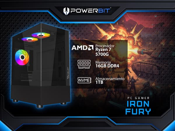 PC Gamer Powerbit Iron Fury: Procesador AMD Ryzen 7 5700G (hasta 4.6 GHz), Memoria de 16GB DDR4, SSD de 1TB, Video Radeon Graphics,S.O. Windows 11 Home (Versión de Prueba).