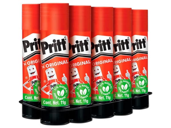 Lápiz Adhesivo Pritt 11g. Caja con 12 piezas, adhesivo en barra de secado rápido, resistente y sin solventes, ideal para papel, cartón y manualidades.