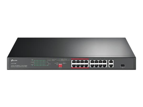 Switch TP-Link TL-SL1218P de 16 Puertos 10/100 Mbps, PoE+, para montaje en rack.