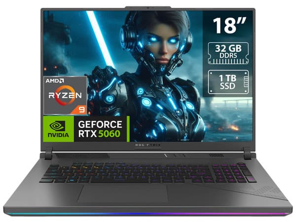 Laptop Gamer ASUS ROG Strix G18:CPU AMD Ryzen 9 8940HX (hasta 5.3 GHz),Memoria 32GB DDR5,SSD de 1TB,Pantalla de 18" LED, WQXGA (2560x1600), 3ms, 240Hz,Video NVIDIA GeForce RTX 5060 8GB, S.O. Windows 11 Home,Teclado Retroiluminado en Inglés.