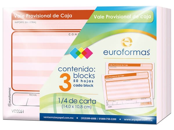 Vale Provisional de Caja Euroformas ER0100, Paquete con 3 Blocks.