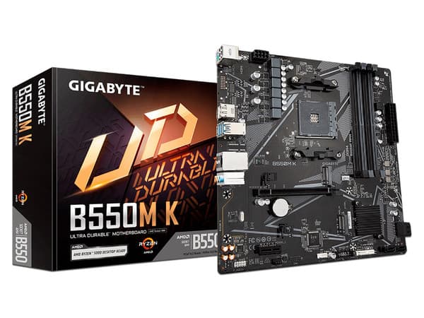 T. Madre Gigabyte B550M K, Chipset AMD B550,Soporta: AMD Ryzen 3ra, 4ta y 5ta Generación, Socket AM4,Memoria: DDR4 4733/3866/2133 MHz, 128GB Max,Integrado: Audio HD, Red, USB 3.0,SATA 3.0, M.2,Micro-ATX, Ptos: PCIE 4.0 x16, PCIE 3.0 x1