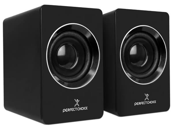 Bocinas Stereo Perfect Choice 2.0, con control de volumen. Color Negro.