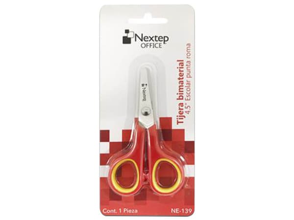Tijera Bimaterial Nextep NE-139 de 4.5", punta roma. Color Rojo